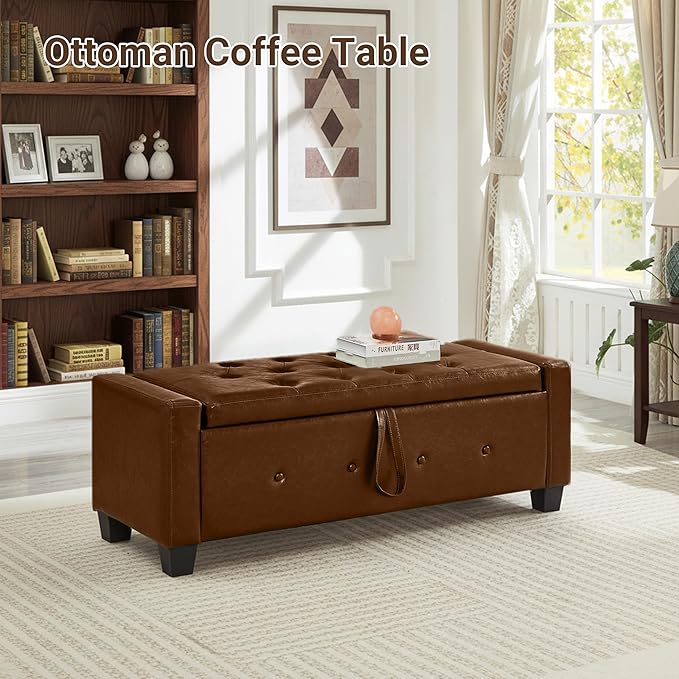 48" Faux Leather Ottoman with Storage, Tufted Storage Ottoman Bench with Safety Hinge, Rectangular Extra Long Bench for Bedroom, Living Room, Entryway and Window, Brown