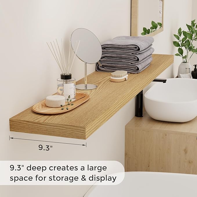 Fun Memories Floating Shelves for Wall, 48 x 9.3 Large Floating Shelf Wall Mounted Set of 2, Rustic Wood Shelves for Bathroom, Kitchen, Living, Heavy-Duty Storage Deep Shelf for Books, Decor, Oak