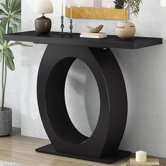 Modern Accent Table 39.4-Inch Wooden Entryway Console Table with Egg-Shaped Base for Living Room Bedroom Hallway Furniture, Black