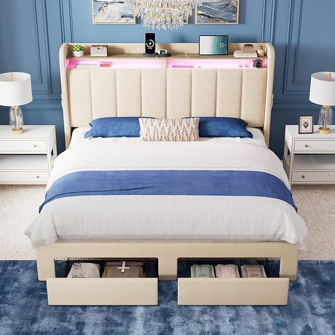 Allewie Vertical Tufted Full Size Upholstered Platform Bed Frame with 2-Tier LED Storage Headboard & 2 Storage Drawers, USB & Type-C Charging Ports, Noise-Free/No Box Spring Needed, Beige