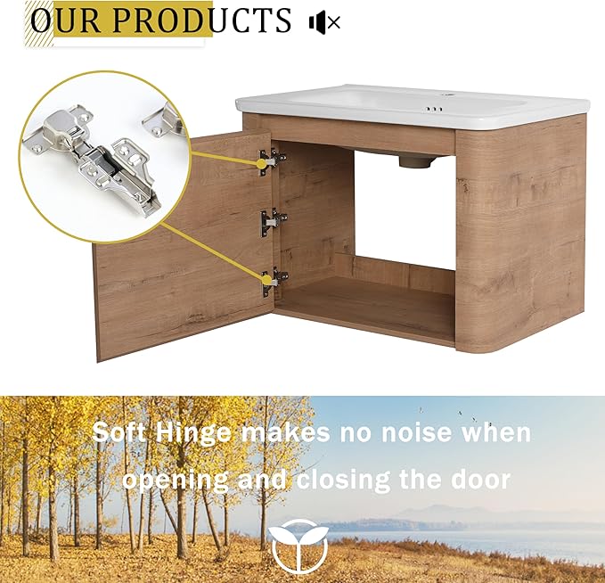 Goujxcy 68 Inch Bathroom Vanity with Sink Combo Modern Floating Vanity Cabinet with Ceramic Vessel Sink and Storage Shelves, Soft Closing Door Design (Imitative Oak)