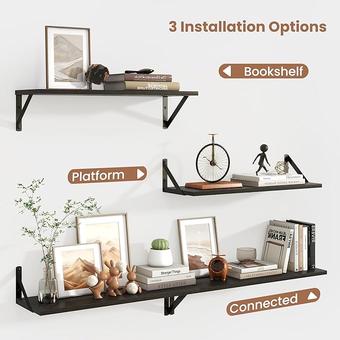 Axeman Black Floating Shelves for Wall | 24 Inch Floating Shelves Set of 2 | 24W x 8D Rustic Wood Shelves for Bathroom Kitchen Living Room | Bookshelf Display Shelves - Black