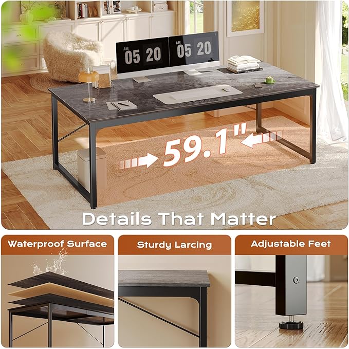 PRAISUN 63 X 29.5 Inch Computer Desk with Deeper Desktop, Gaming Office Writing Work Desk for Home Office, Study, Bedroom, Work from Home, Metal Frame, Grey