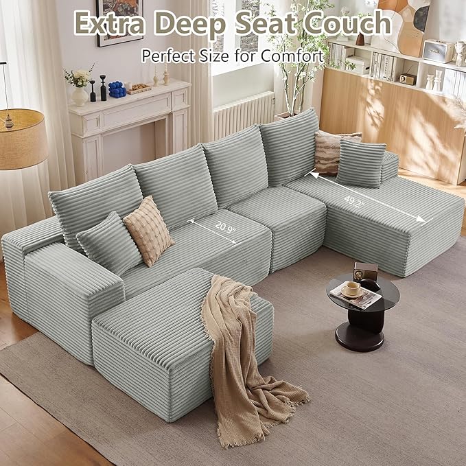 135" U-Shape Cloud Couch, Modern Modular Sectional Comfy L-Shape Sofa with Ottoman, Deep Seat, Upholstered Corduroy Sleeper Chaise Longue for Living Room Bedroom, No Assembly Required, Grey