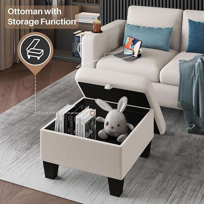 Youmumeub Couches for Living Room-Convertible Sectional Sofa, L-Shape Linen Fabric Sofa Couch with Storage Ottoman, Suit 3-Seats Sofa for Small Living Room and Apartment-Beige(USB+2 Cup Holder)