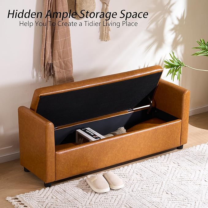 Storage Bench for Bedroom, 55" Long Bench for King Size Bed, Modern Upholstered End of Bed Ottoman Bench with Arms for Entryway Living Room (Faux Leather - Camel Brown)