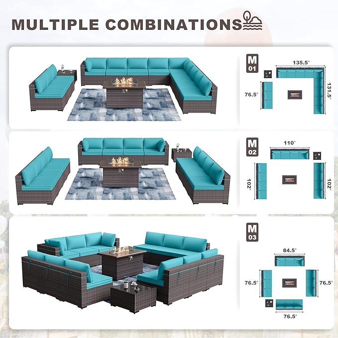 Kurapika 14 Pieces Patio Furniture Set, Rattan Wicker Outdoor Conversation Sets w/43in Propane Fire Pit Table and 4 Inch Cushion(Blue)