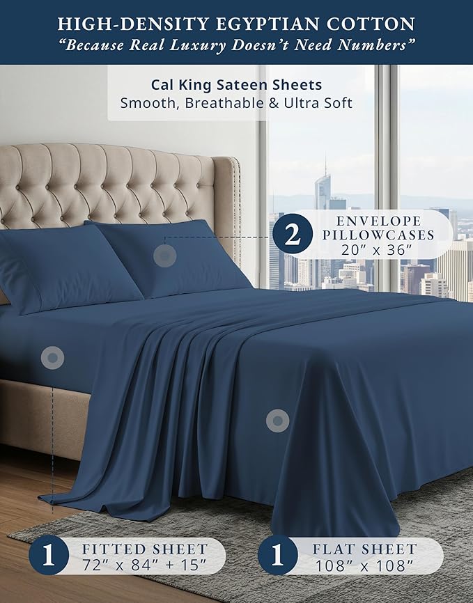 LANE LINEN 100% Egyptian Cotton Cal King Sheet Set, 15 inch Deep Pocket Fully Elasticized French Reinforced Pocket Seams for Soft, Comfy & Fresh Bed Eco Friendly Cooling Sheets - Estate Blue