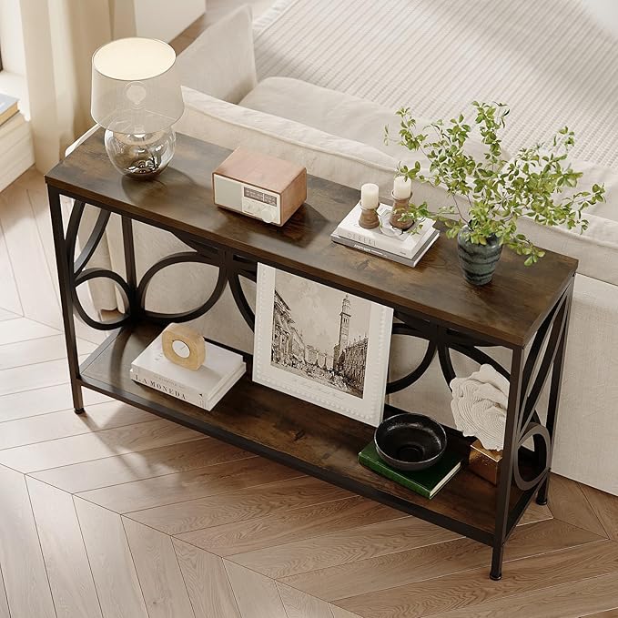 GiftGo Narrow Sofa Table 47.2 Inch, Industrial Sofa Table Behind Couch, Vintage Entry Console Table with Storage for Entryway, Living Room, Foyer, Elegant Design (Rustic Brown, 47.2)