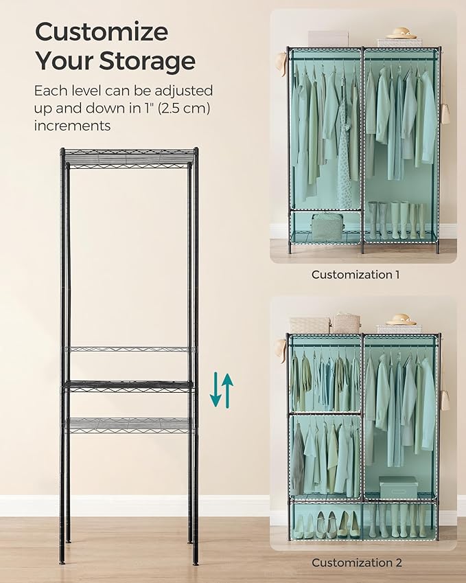SONGMICS Clothes Rack, Freestanding Wardrobe Closet, Metal Clothing Racks, Heavy-Duty Garment Rack with Adjustable Shelves, Hanging Rods, Dividable, 15.8 x 47.2 x 70.9 Inches, Ink Black ULGR423B01