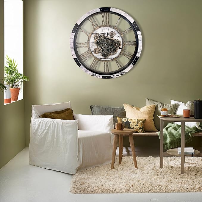 DORBOKER 30" Large Wall Clock Moving Gears,Oversized Industrial Rustic Farmhouse Clocks for Living Room Decor Office Home, Solid Wood Retro Metal HD Tempered Glass Cover, White Grey