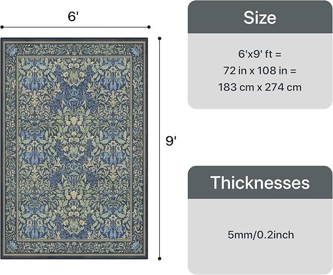 GENIMO 6x9 Washable Area Rug, Non-Slip Vintage Boho Floral Carpet, Soft Low-Pile Thin Living Room Rug for Bedroom, Dining Room, Nursery, Dark Blue