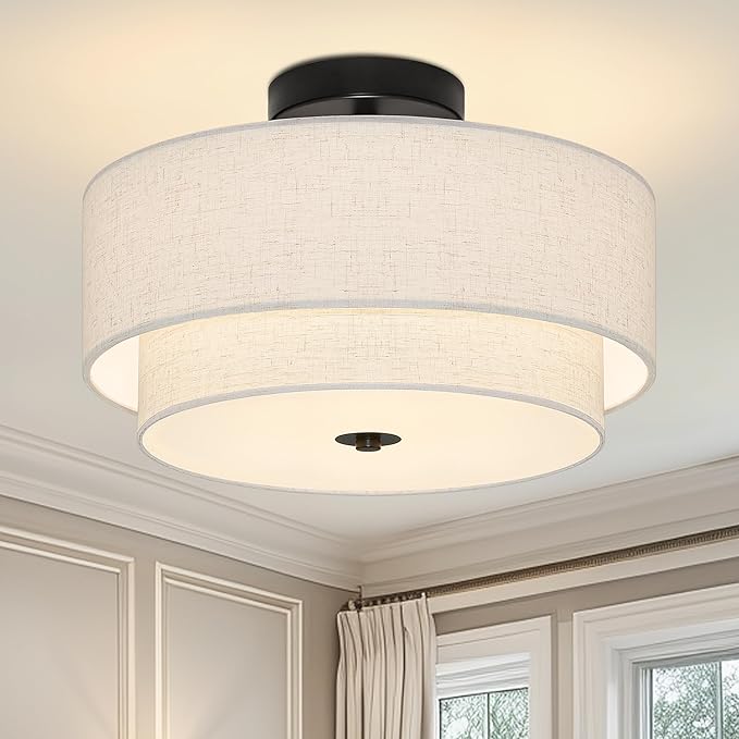 3 Light Semi Flush Mount Ceiling Light Fixture 15.7 Inch Modern Black Drum Ceiling Light Fixture with 2-Layer Fabric Shade Dimmable Close to Ceiling Light for Living Room Hallway Bedroom Entryway
