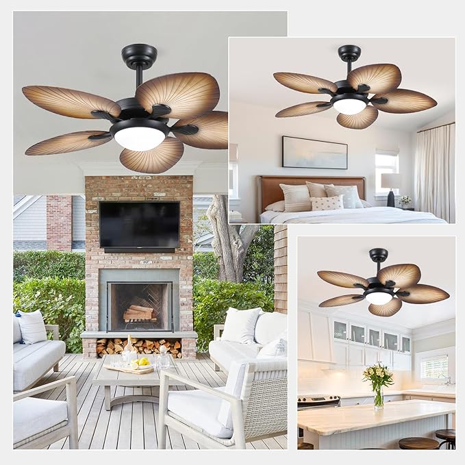 Tropical Ceiling Fans with Lights and Remote/APP Control, 44 Inch Palm Leaf Ceiling Fan with LED Lights, Outdoor Ceiling Fans for Patios Porch, Reversible Quiet Motor, Dimmable, Wood Grain