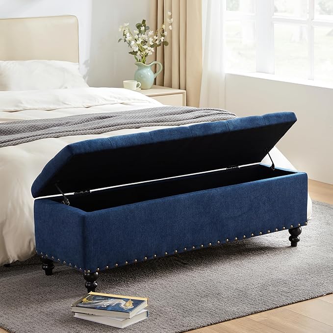 HUIMO 51-inch Storage Ottoman Bench with Removable Tray, Bedroom Bench with Button-Tufted, Safety Hinge Ottoman in Upholstered Fabrics, Large Long Bench for Living Room, Bedroom (Bule)