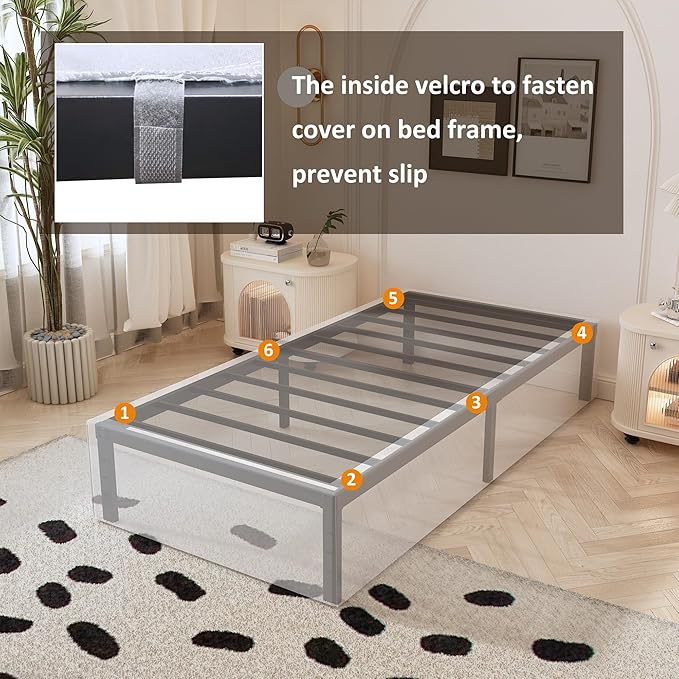 Twin Bed Frame with White Fabric Cover 14 Inch, Heavy Duty Metal Bed Frame Twin, No Box Spring Needed, Support Up to 2500 lbs, Easy Assembly, Noise Free, Black