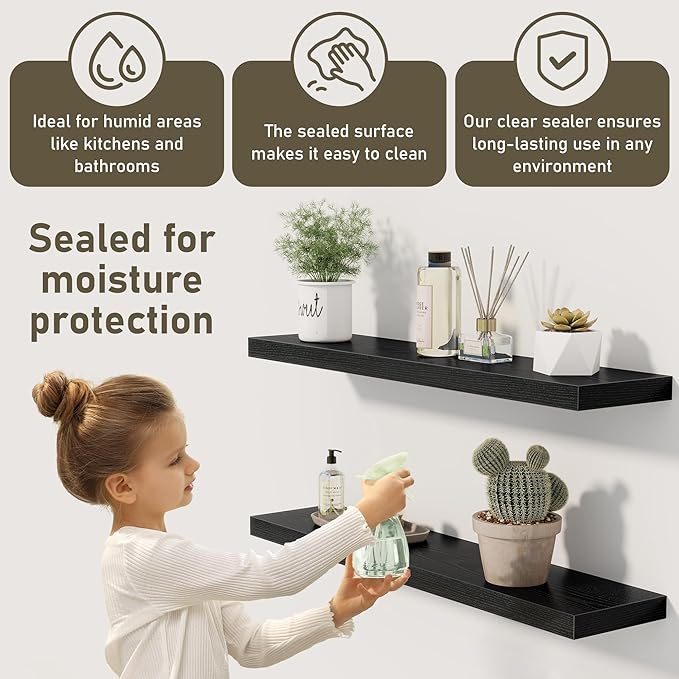 Fun Memories 30 Inch Floating Shelves Set of 3, Farmhouse Black Wall Shelves for Kitchen, Living Room, Wall Mounted Bathroom Shelves in Black, 30 x 6.7 x1.4 Inch