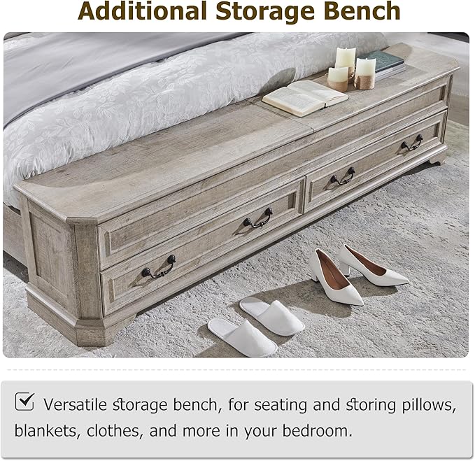 T4TREAM Farmhouse King Bed with Headboard and Storage Bench, Rustic Wood Platform Bed with 80" Storage Chest w/ 4 Large Drawer, Light Rustic Oak