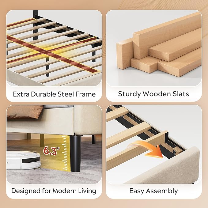 WLIVE Full Size Upholstered Bed Frame, Velvet Square Tufted Headboard,Sturdy Metal & Wooden Slats Support, No Box Spring Needed, Light Grey