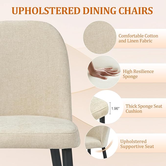 Upholstered Dining Chairs Set of 4, Mid Century Modern Fabric Dining Room Chair High-Back Padded Kitchen Chairs with Padded Seat and Metal Legs for Kitchen Dining Room Restaurant Cafe, Beige