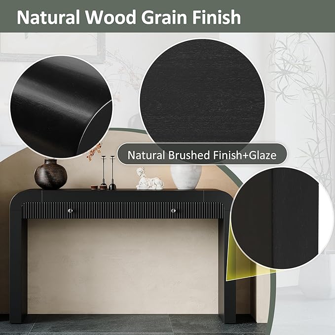 Farmhouse Modern Curved Console Table 54.3-Inch Sofa Entry Table Fluted Accent Tables with Storage Drawers for Living Room Entryway Hallway Furniture, Black