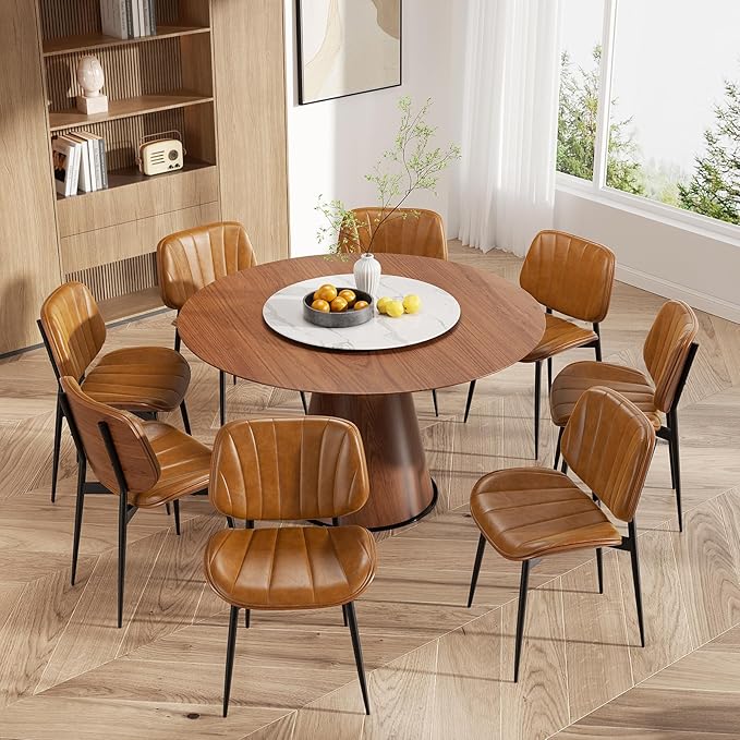 Dining Chairs Set of 6, Mid Century Modern Dining Room Chairs, Upholstered Faux Leather Kitchen Chairs with Walnut Bentwood Back and Metal Legs, Brown