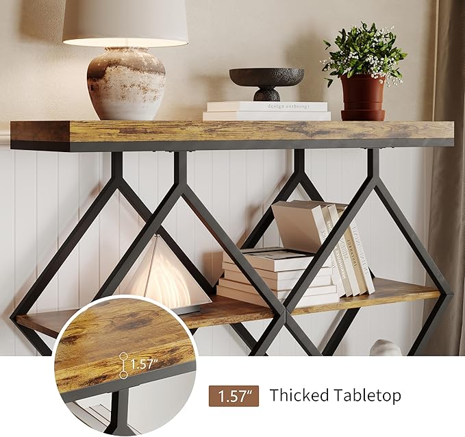 Garvee 3-Tier Entryway Table, Industrial Console Sofa Table with Storage, Accent Tables with Open Shelves, Diamond-Shaped Metal Frame, Foyer Tables for Entryway, Hallway, Rustic Brown