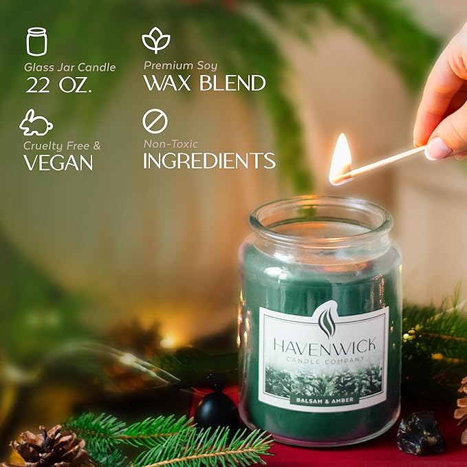 Havenwick Balsam & Amber Soy Blend 22-oz Large Jar Candle, Long Lasting 110-130 Hour Burn Time with Single Cotton Wick, Perfect Holiday Pine Scented Candles for New Home Gift & Christmas Gift