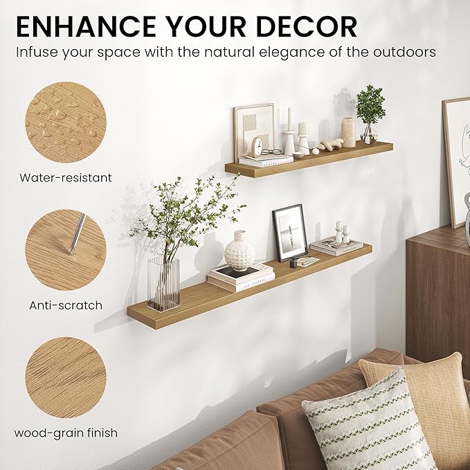 Heimlove 24 Inch Floating Shelves for Wall,Mounted Storage Wood Shelves with Invisible Brackets Hanging Shelf for Bedroom,Living Room,Kitchen,Office,Set of 2,Oak Color