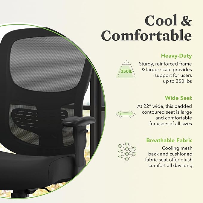 HON Sadie Big and Tall Office Chair, Ergonomic Desk Chair with Mesh Back, Lumbar Support, 350 lb Max, Black