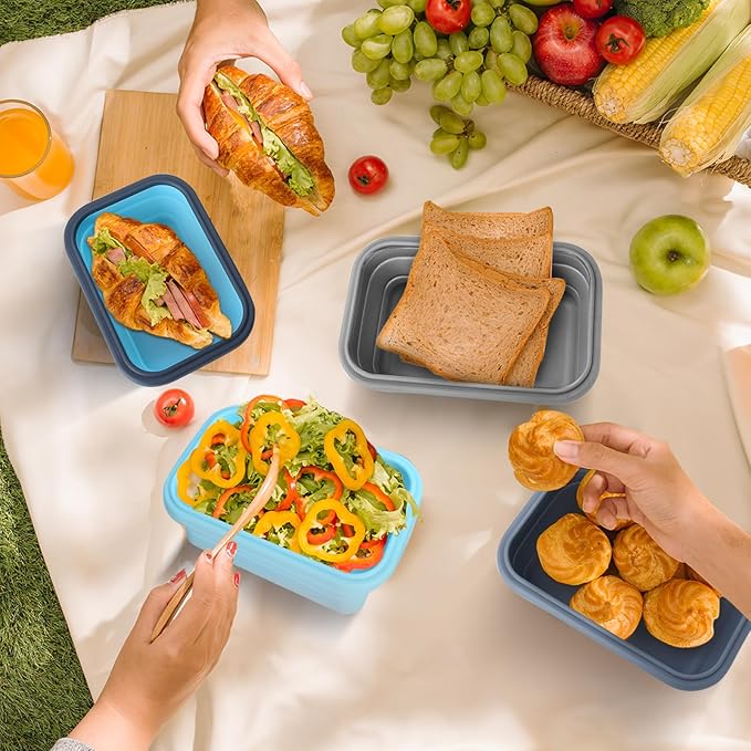 Collapsible Silicone Food Storage Containers with Lids, Collapsible Food Storage Containers, Camping Dishes, 4 Pack Foldable Lunch Box for Leftovers, Meals, Snacks, Gray