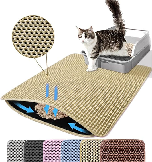 Extra Large Cat Litter Mat, 30x22 Inches Honeycomb Double Layer Cat Litter Trapping Mat, Non Slip Waterproof Urine Proof Large Kitty Litter Box Mat for Floor, Kitten Supplies, XL, Beige