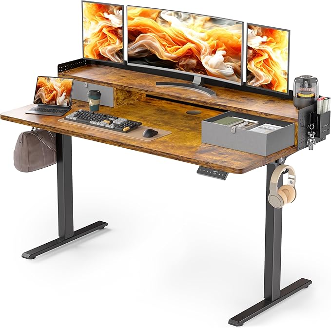 55x24 Inches Electric Standing Desk with 2 Drawers, Height Adjustable Stand up Desk for Home Office, Ergonomic Sit to Stand Table with Storage Shelf, DIY Board, Hooks, Rustic Brown