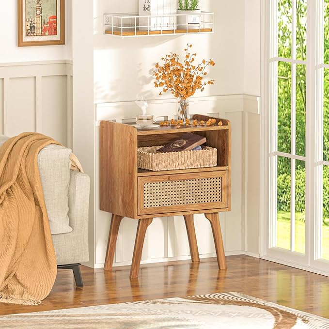 Lerliuo Rattan Nightstand, Side Table with Drawer Open Shelf, Cane Accent Bedside End Table with Solid Wood Legs, Mid Century Modern Night Stand for Bedroom, Dorm and Small Spaces (Tea Brown)