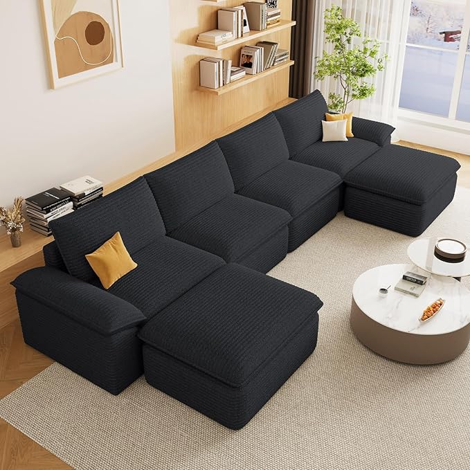 113.03" Sectional Couches for Living Room Modern Modular Sofa Couchs Upholstered Corduroy Boneless Couch Deep Seat Cloud Couch with Ottoman, No Assembly Required, Black