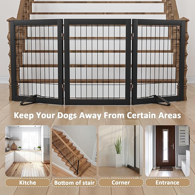 Wire Dog Gate Indoor, Foldable Dog Gates for Doorways, Stairs, 24-Inch Tall Freestanding Pet Gates, Puppy Fence (3 Panel, Black)