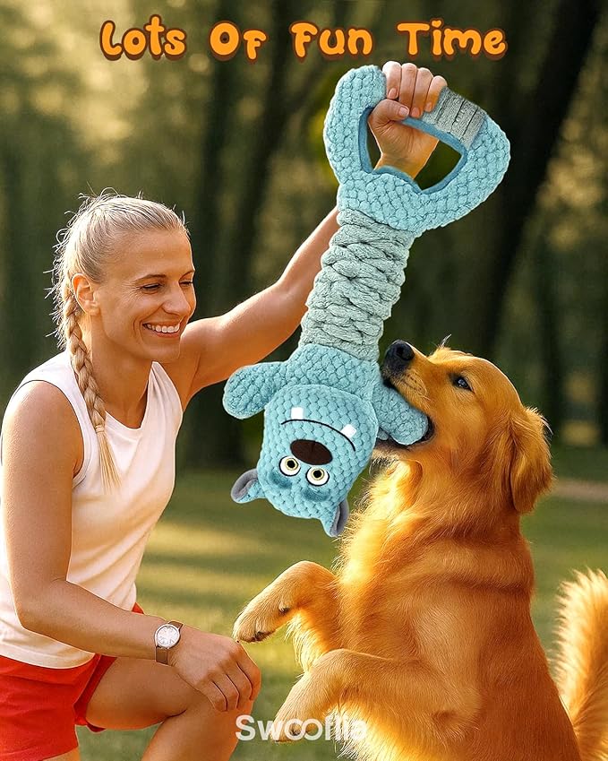 Swooflia Tug of War Dog Toy-Squeaky Plush Tug a War Dog Toy for Medium Large Breed Dogs to Keep Them Busy, Interactive Crinkle Doggie Toy, Cute Monster with Soft Long Pull Handle