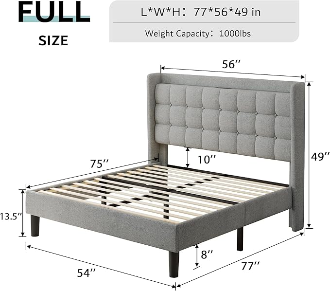 iPormis Full Size Upholstered Platform Bed, Button Tufted Wingback Bed Frame with Charging & Storage Headboard, No Box Spring Needed, Light Gray