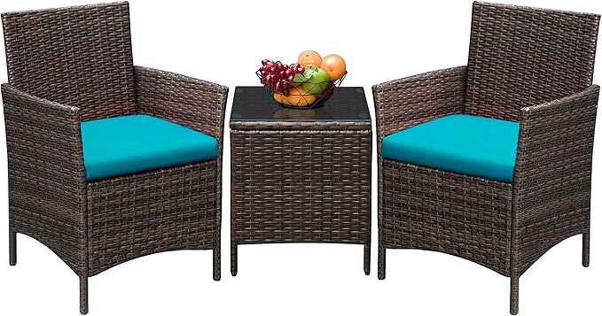 Greesum 3 Pieces Patio Furniture Sets Outdoor PE Rattan Wicker Chairs with Soft Cushion and Glass Coffee Table for Garden Backyard Porch Poolside, Brown and Blue