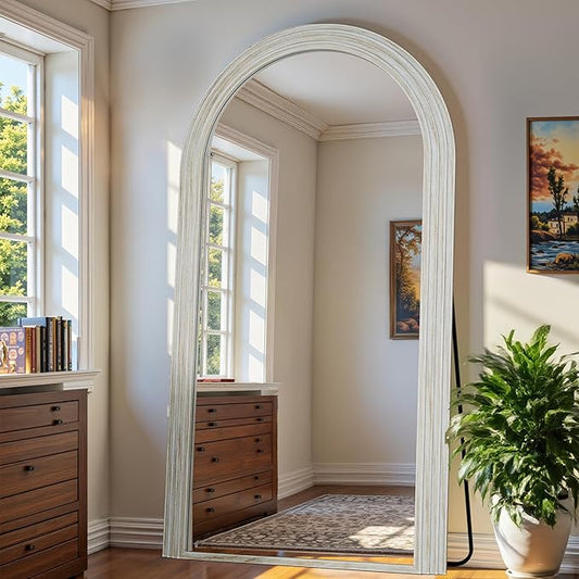 Antok Full Length Mirror 82"×44" Floor Mirror Standing Tall Mirror, Arched Stand up Large Wall Mirrors, Freestanding Full Body Mirrors for Bedroom Living Room Wood Vintage Style White