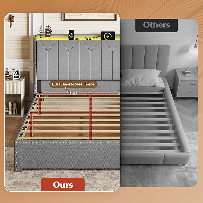 WLIVE Full Size Upholstered Bed Frame with 2 Drawers, Linen Tufted Storage Headboard with Charging Ports and LED Light,Sturdy Metal & Wooden Slats Support, No Box Spring Needed, Light Grey