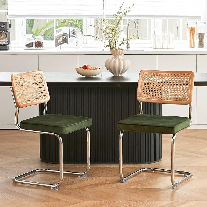 Green Rattan Dining Chairs Set of 2, Wooden Mid-Century Modern Kitchen Chairs, Mesh Back Cane Dining Room Chairs, Cesca Chair with Metal Chrome Legs