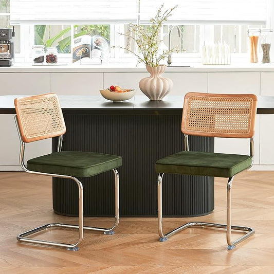 Green Rattan Dining Chairs Set of 2, Wooden Mid-Century Modern Kitchen Chairs, Mesh Back Cane Dining Room Chairs, Cesca Chair with Metal Chrome Legs
