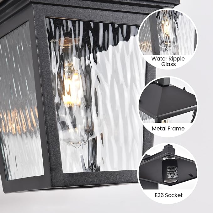 Wall Light, Exterior Waterproof Sconce in Black, Anti-Rust Light Fixture with Water Glass, Modern Outdoor Lantern for House Balcony Entryway Garage