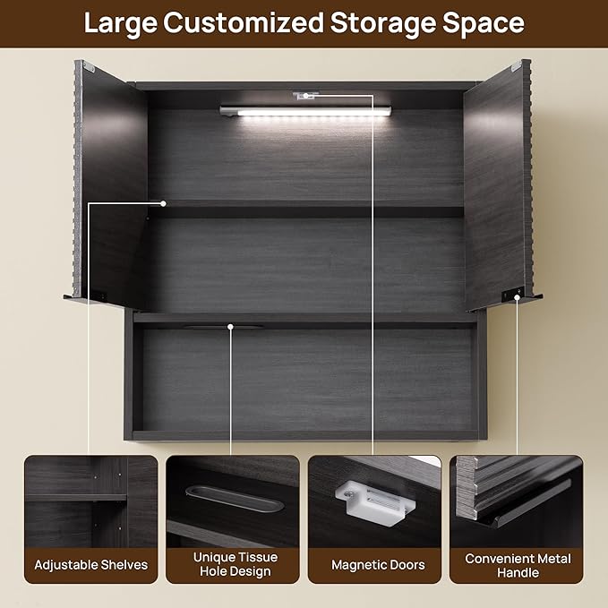 Bathroom Storage Cabinet with Motion Sensor LED Light, Wooden Medicine Cabinet Wall Mounted Cupboard with Disposable Face Towels Hole, Over Toilet Storage Cabinet and Adjustable Shelf (Grey)