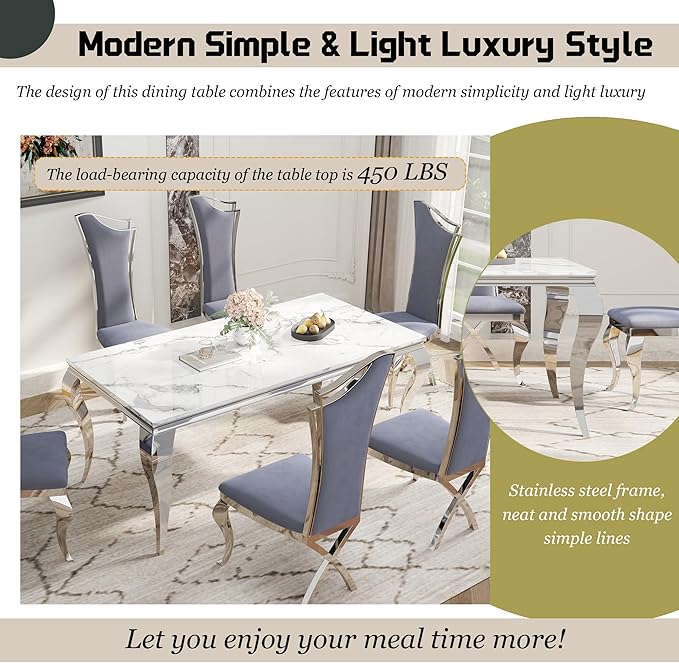 7-Piece Dining Table Set for 6, Modern Dining Room Set with 70'' Marble Dinner Table and 6 High-Back Upholstered Chairs, Stainless Steel Legs Table & Chair Set for Kitchen, Gray & Silver
