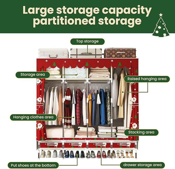 Portable Wardrobe with 4 Drawers Simple Temporary Wardrobe, Armario Portátil,New Oxford Cloth, Christmas Style (Christmas Color)