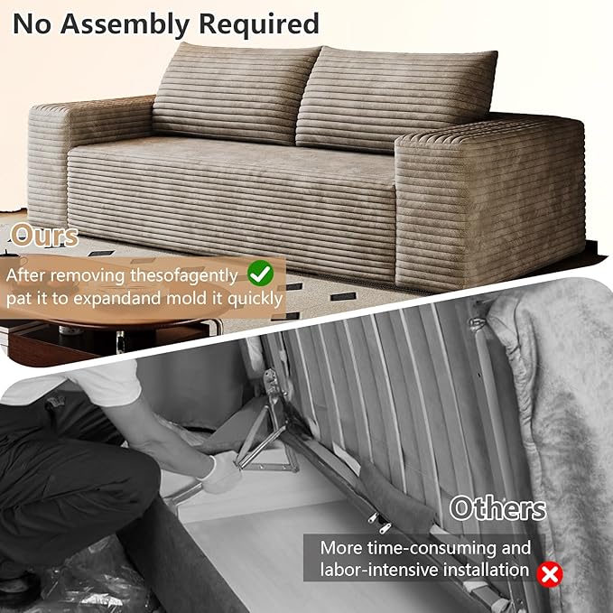 Cloud Loveseat Sofa, Modern Corduroy 2-Seater Couch with Deep Seat, No Assembly Required Memory Foam Sofa, Boneless Sofa in a Box for Bedroom, Apartment, Office,Small Space (Camel,63in)