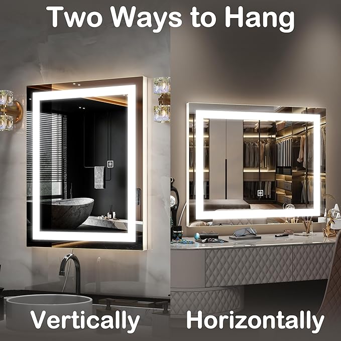 FENNIO Vanity Mirror with Lights，20"x23" Lighted Makeup Mirror, Large Makeup Mirror with Lights, Touch Sensor with Dimmable 3 Modes， Square White