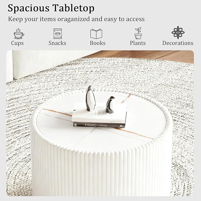 White Round Coffee Table with Sintered Stone Tabletop, 17.71" Drum Coffee Table with Fluted PU Leather Covered and Stable Base, Circle Cocktail Tea Table for Living Room